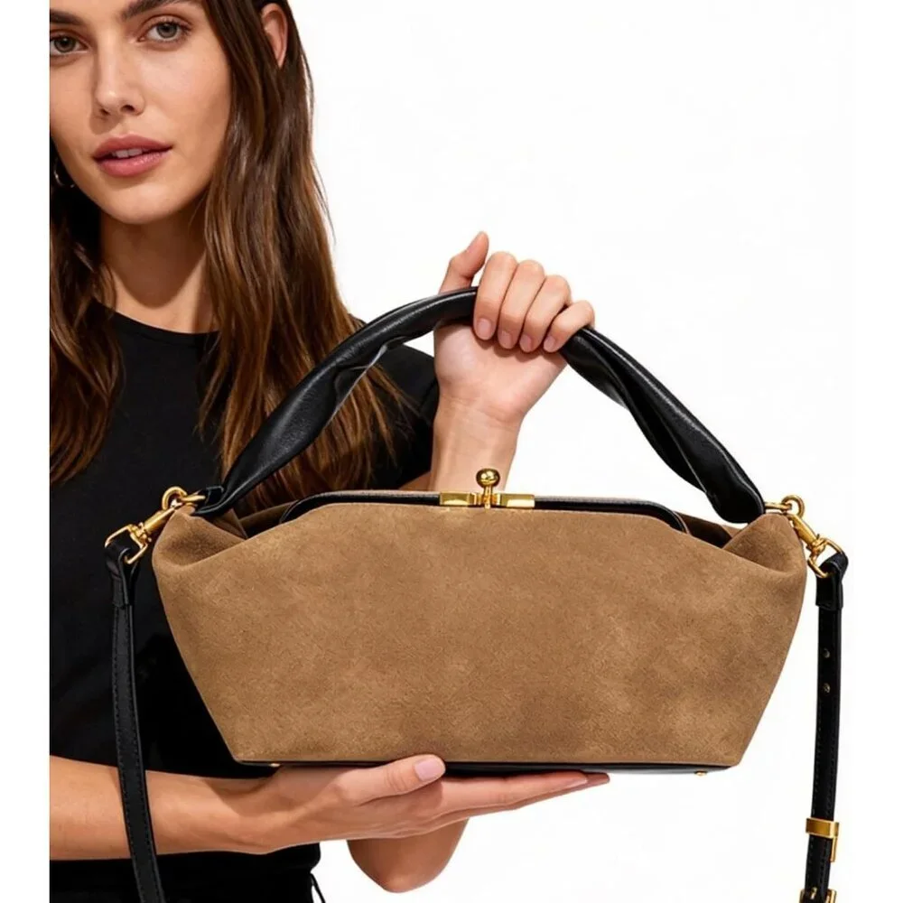 Women's Khaki Faux Suede Vintage Slouchy Soft Satchel Kiss Lock Hobo Handbag